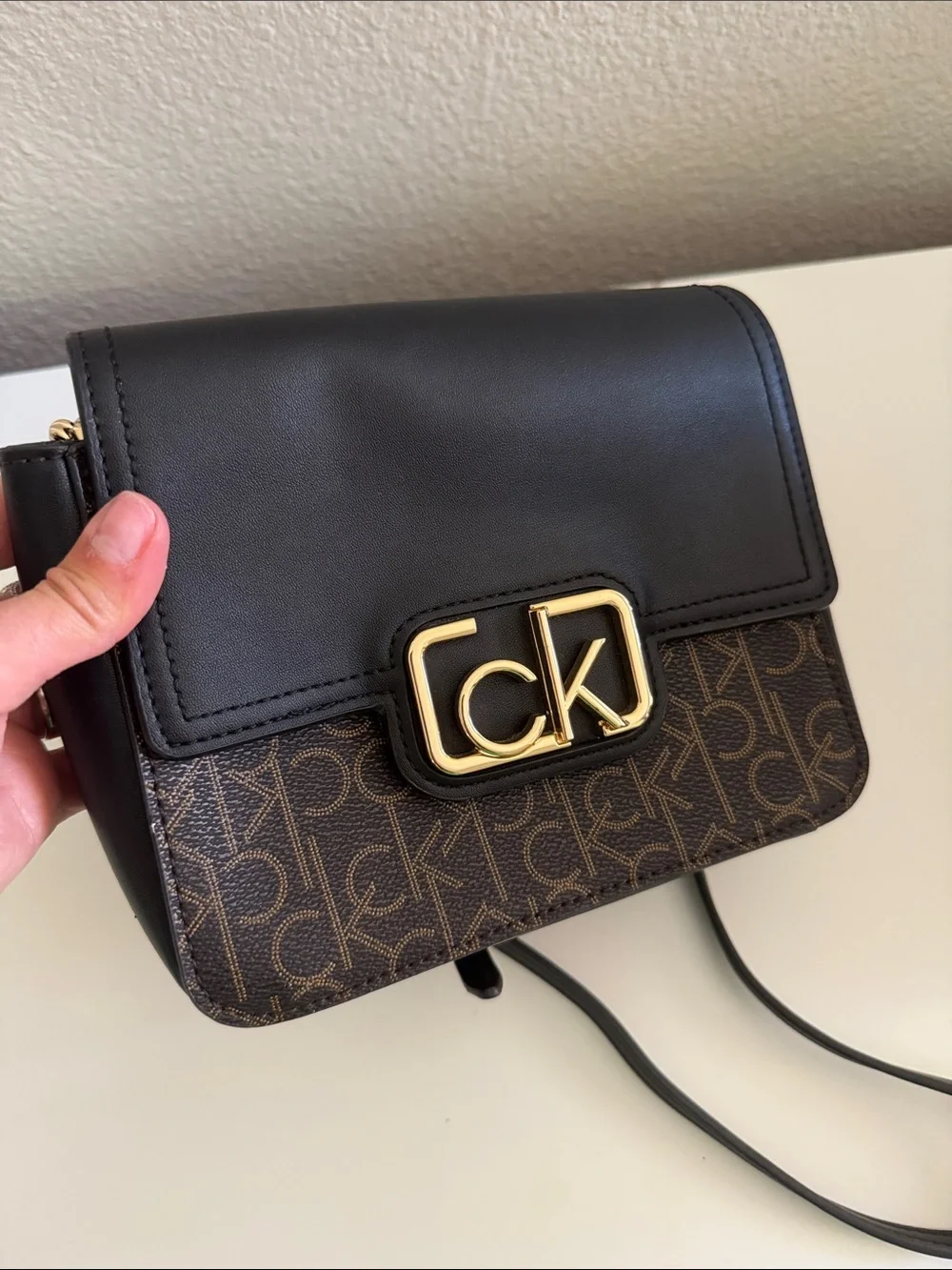 Calvin Klein Black & Brown Logo Flap Crossbody Bag
